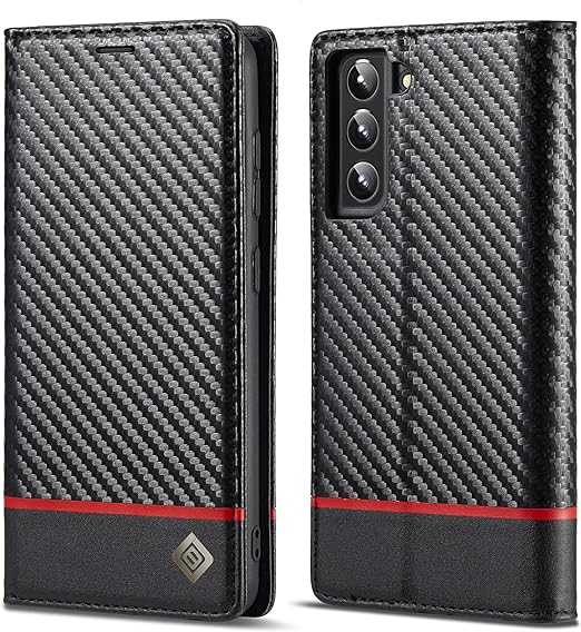 Galaxy S22/ S22 Plus/ S22 Ultra - Kohlefaser Flip Lederoptik Hülle mit Magnetischer Abdeckung und Kartenfach - Top Hüllen