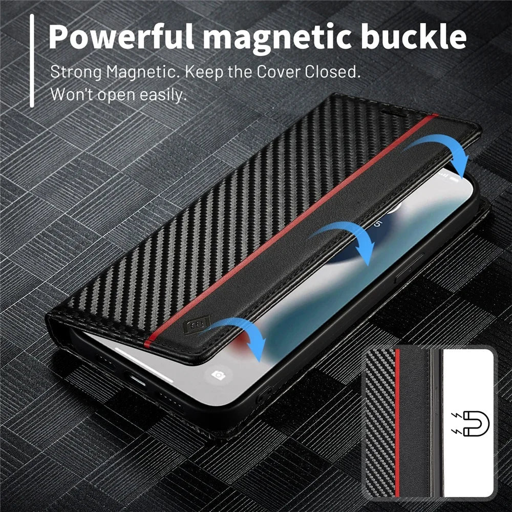 Galaxy S22/ S22 Plus/ S22 Ultra - Kohlefaser Flip Lederoptik Hülle mit Magnetischer Abdeckung und Kartenfach - Top Hüllen