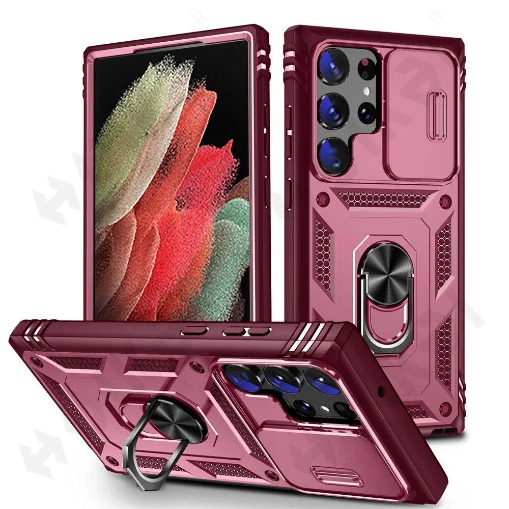 Galaxy S22/ S22 Plus/ S22 Ultra - Slide Camera 360 Degree Rotate Kickstand Heavy Grade Cover - Top Hüllen