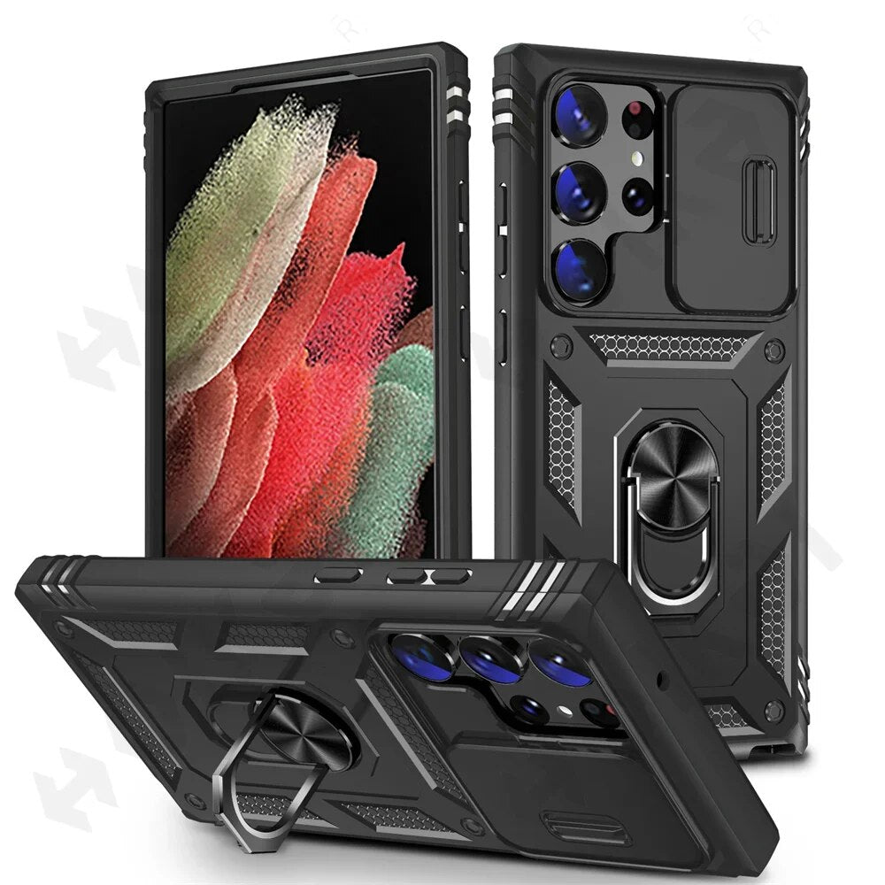 Galaxy S22/ S22 Plus/ S22 Ultra - Slide Camera 360 Degree Rotate Kickstand Heavy Grade Cover - Top Hüllen