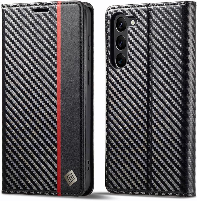 Galaxy S23/ S23 Plus/ S23 Ultra - Kohlefaser Flip Lederoptik Hülle mit Magnetischer Abdeckung und Kartenfach - Top Hüllen