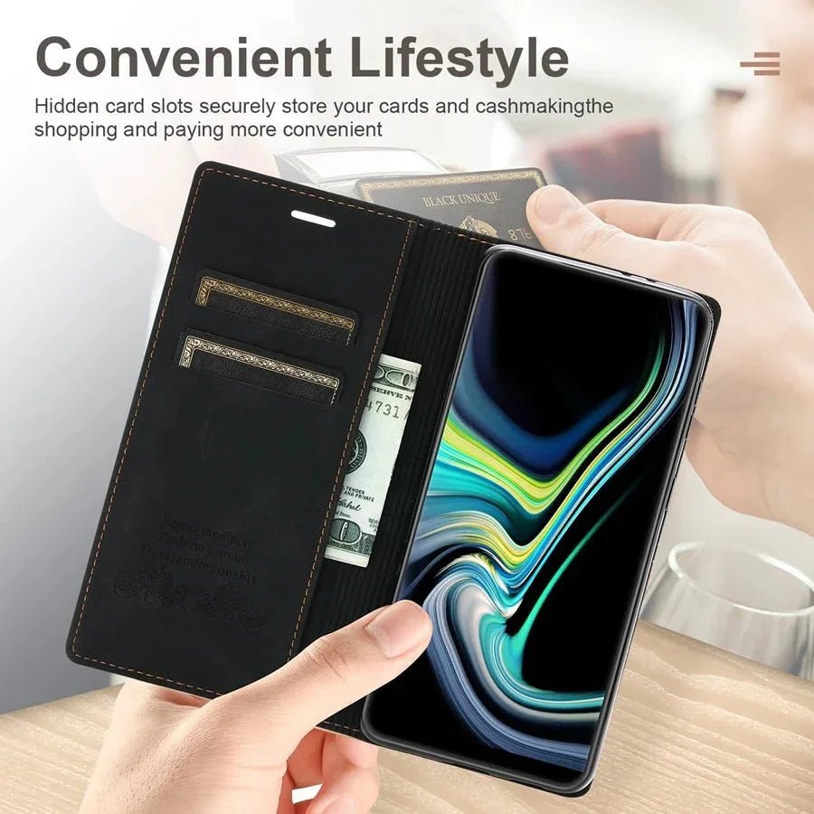Galaxy S24/ S24 Plus/ S24 Ultra - Schutz Hülle TPU Lederoptik mit Kartenfach und Magnetische Abdeckung - Top Hüllen