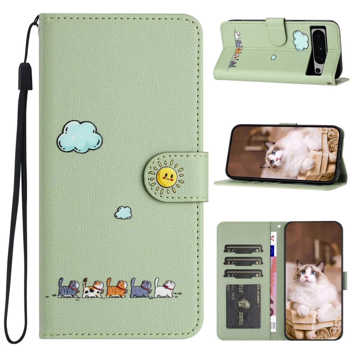 Google Pixel 7/ 7Pro/ 7 A/ 8/ 8 Pro - Katzen Flip Schutz Hülle mit Kartenfach - Brieftasche - Top Hüllen
