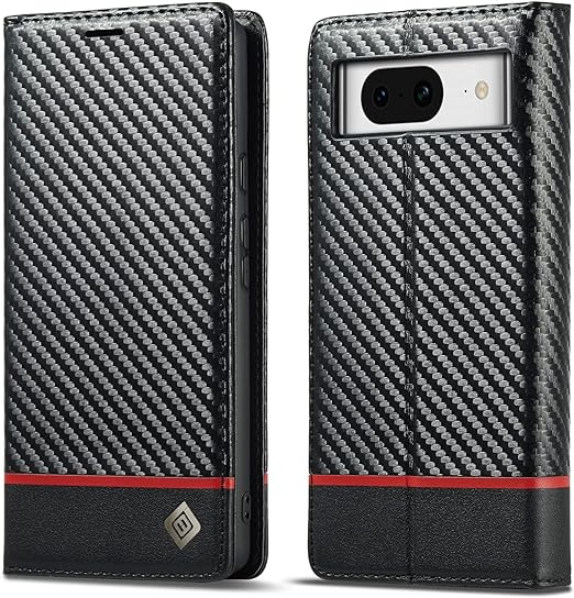 Google Pixel 8/ 8 Pro/ 7/ 7 Pro - Kohlefaser Flip Lederoptik Hülle mit Magnetischer Abdeckung und Kartenfach - Top Hüllen