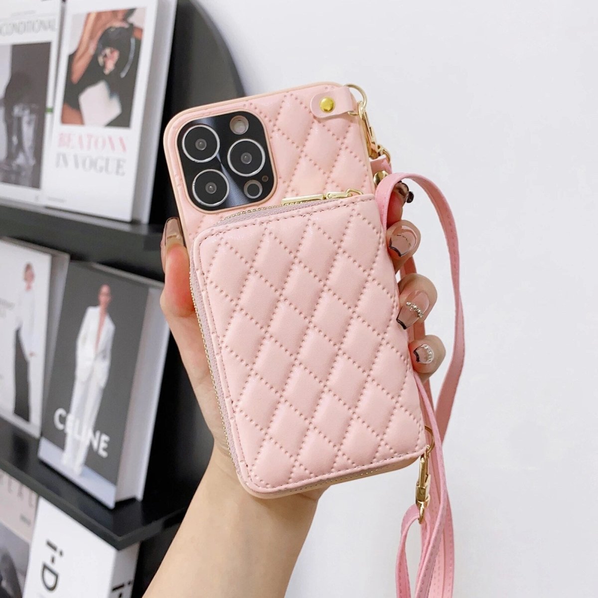 iPhone 13/ Pro/ Pro Max - Umhängetasche mit Umhänge Band, Schulterkartenhalter, Kosmetiktasche, Reißverschluss - Geldbörse aus Lederoptik - Top Hüllen