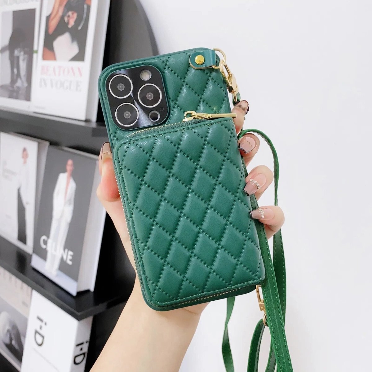 iPhone 13/ Pro/ Pro Max - Umhängetasche mit Umhänge Band, Schulterkartenhalter, Kosmetiktasche, Reißverschluss - Geldbörse aus Lederoptik - Top Hüllen