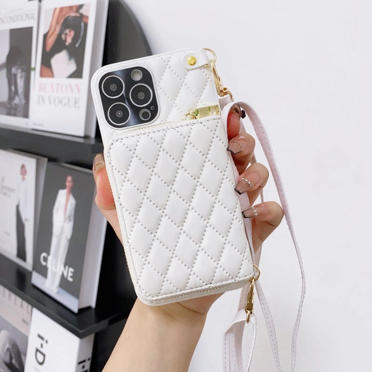 iPhone 13/ Pro/ Pro Max - Umhängetasche mit Umhänge Band, Schulterkartenhalter, Kosmetiktasche, Reißverschluss - Geldbörse aus Lederoptik - Top Hüllen
