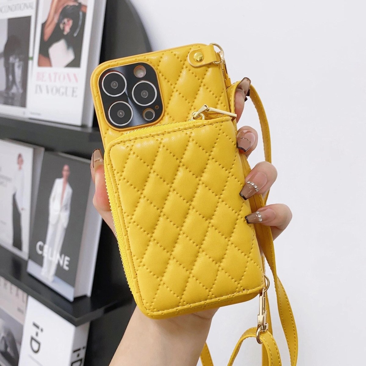 iPhone 13/ Pro/ Pro Max - Umhängetasche mit Umhänge Band, Schulterkartenhalter, Kosmetiktasche, Reißverschluss - Geldbörse aus Lederoptik - Top Hüllen