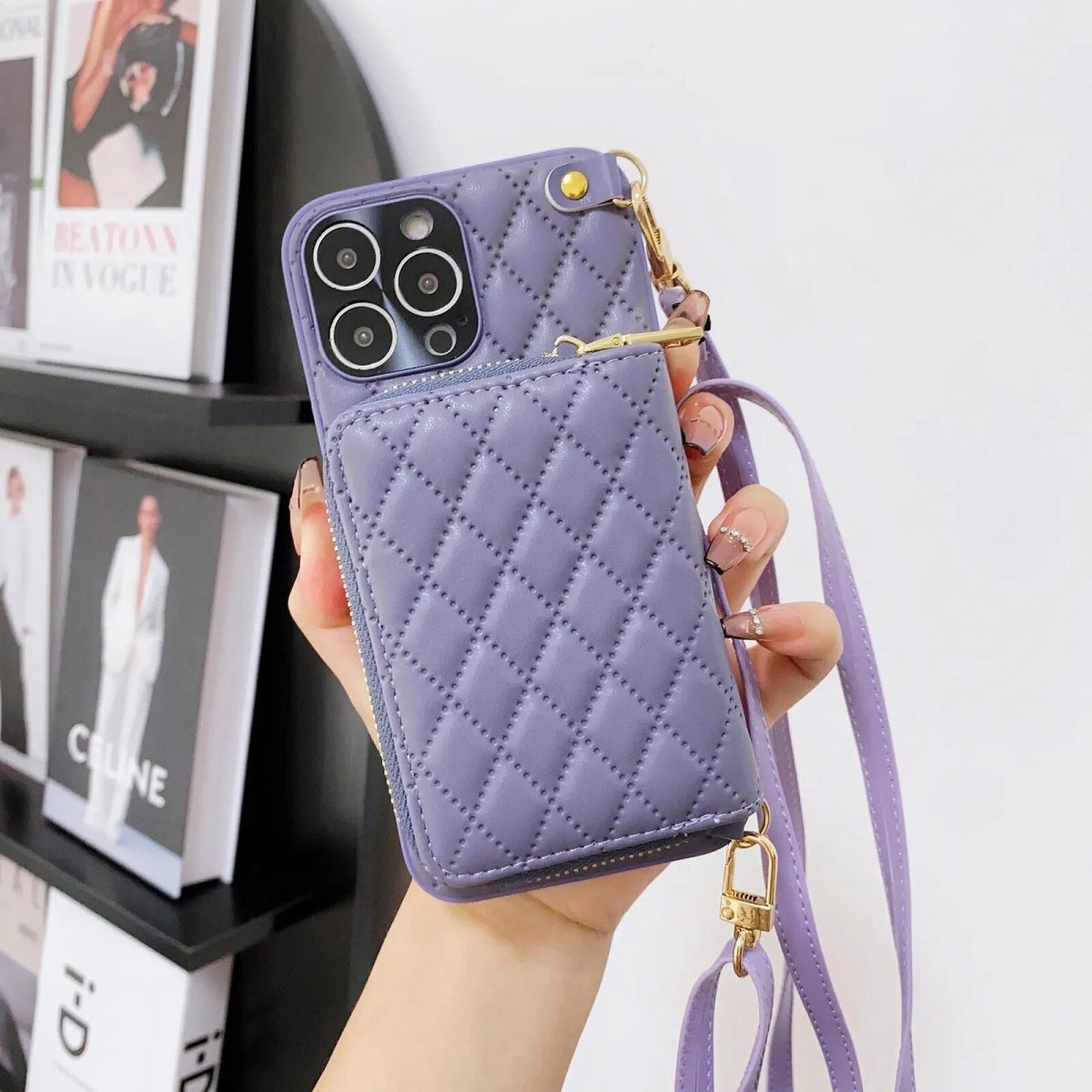 iPhone 13/ Pro/ Pro Max - Umhängetasche mit Umhänge Band, Schulterkartenhalter, Kosmetiktasche, Reißverschluss - Geldbörse aus Lederoptik - Top Hüllen