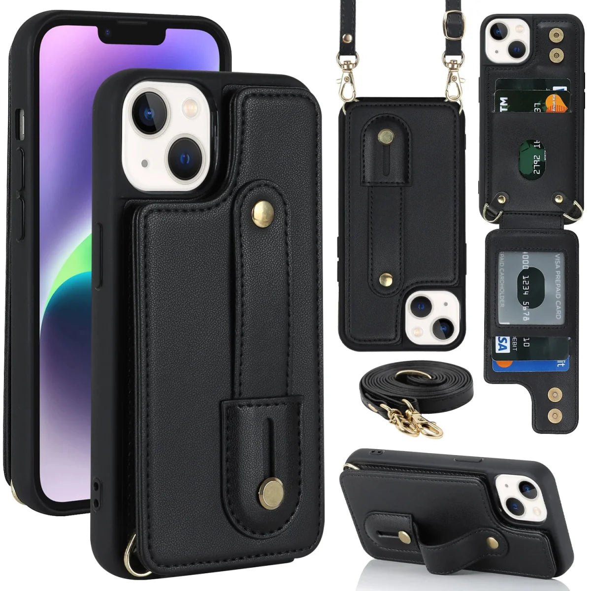 iPhone 14/ Pro/ Plus/ Pro Max - Cross Body Armband Hülle mit Halskette und Kartenfach - Top Hüllen