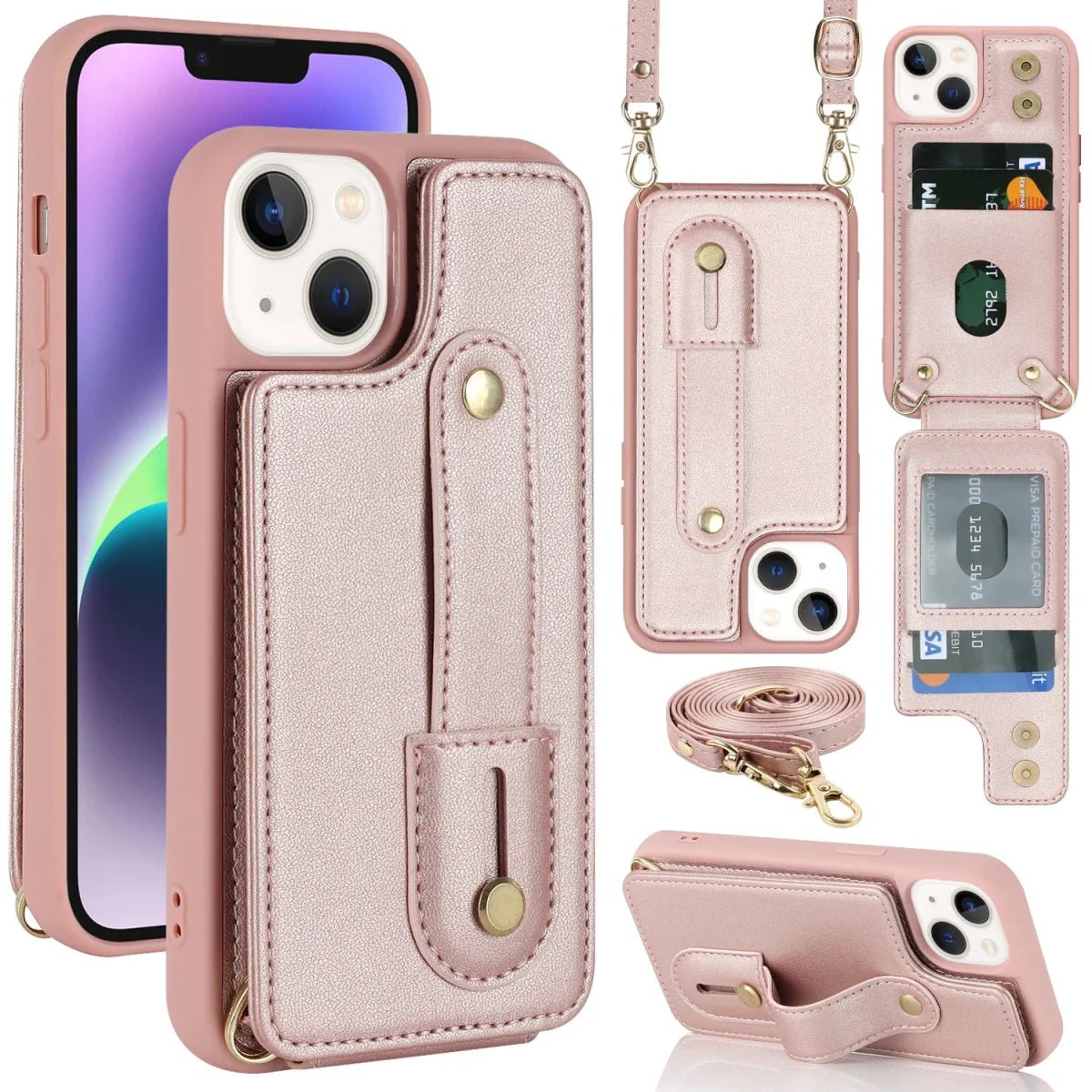 iPhone 14/ Pro/ Plus/ Pro Max - Cross Body Armband Hülle mit Halskette und Kartenfach - Top Hüllen