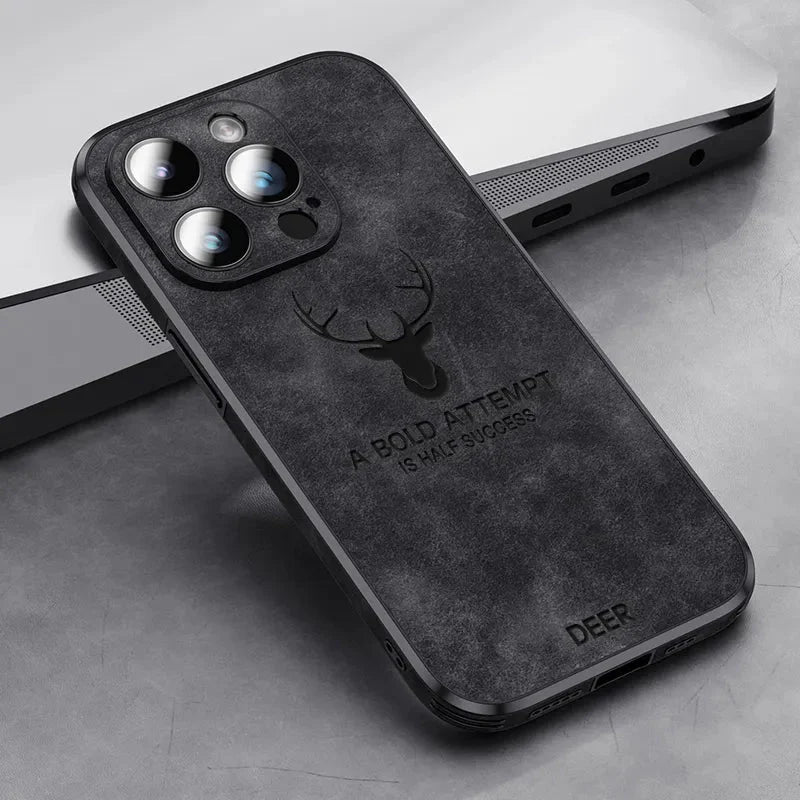 iPhone 14/ Pro/ Plus/ Pro Max - Hirsch Lederoptik Handy Hülle mit Linsen Schutz Stoßfeste Silikon - Top Hüllen