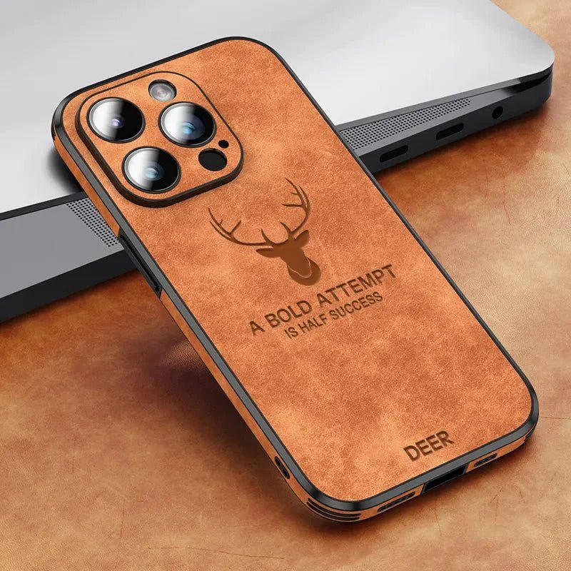 iPhone 14/ Pro/ Plus/ Pro Max - Hirsch Lederoptik Handy Hülle mit Linsen Schutz Stoßfeste Silikon - Top Hüllen