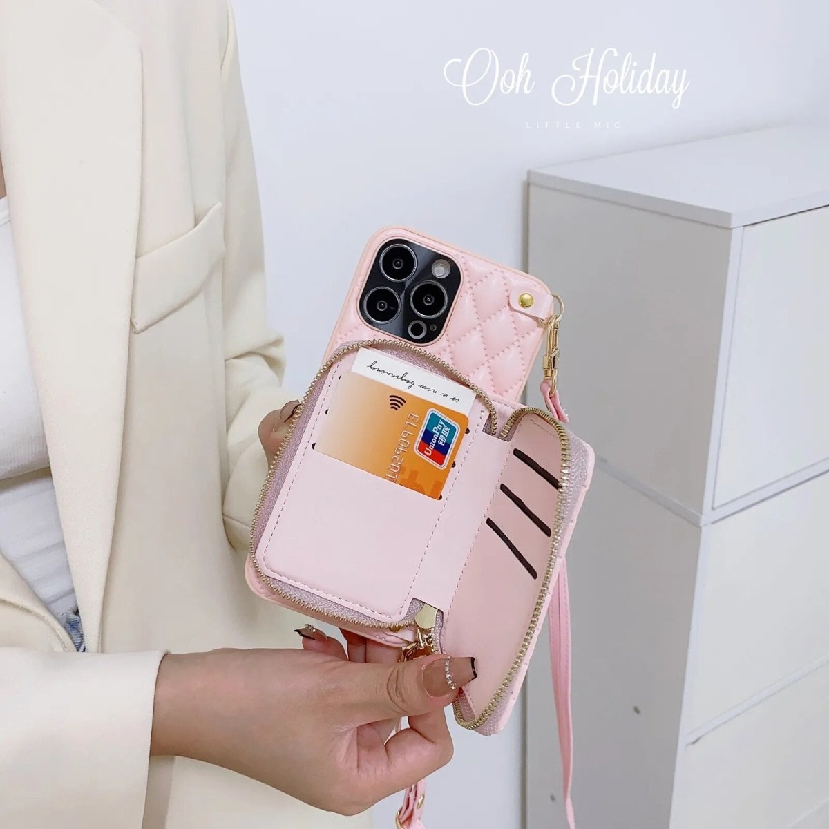 iPhone 15/ Pro/ Plus/ Pro Max - Umhängetasche mit Umhänge Band, Schulterkartenhalter, Kosmetiktasche, Reißverschluss - Geldbörse aus Lederoptik - Top Hüllen