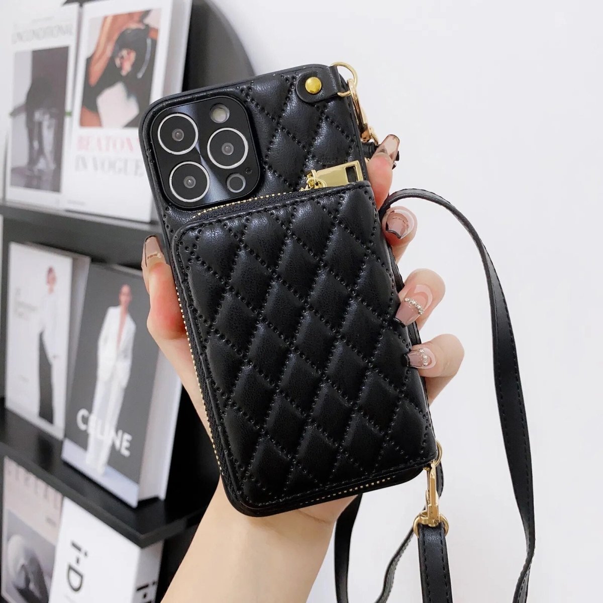 iPhone 15/ Pro/ Plus/ Pro Max - Umhängetasche mit Umhänge Band, Schulterkartenhalter, Kosmetiktasche, Reißverschluss - Geldbörse aus Lederoptik - Top Hüllen