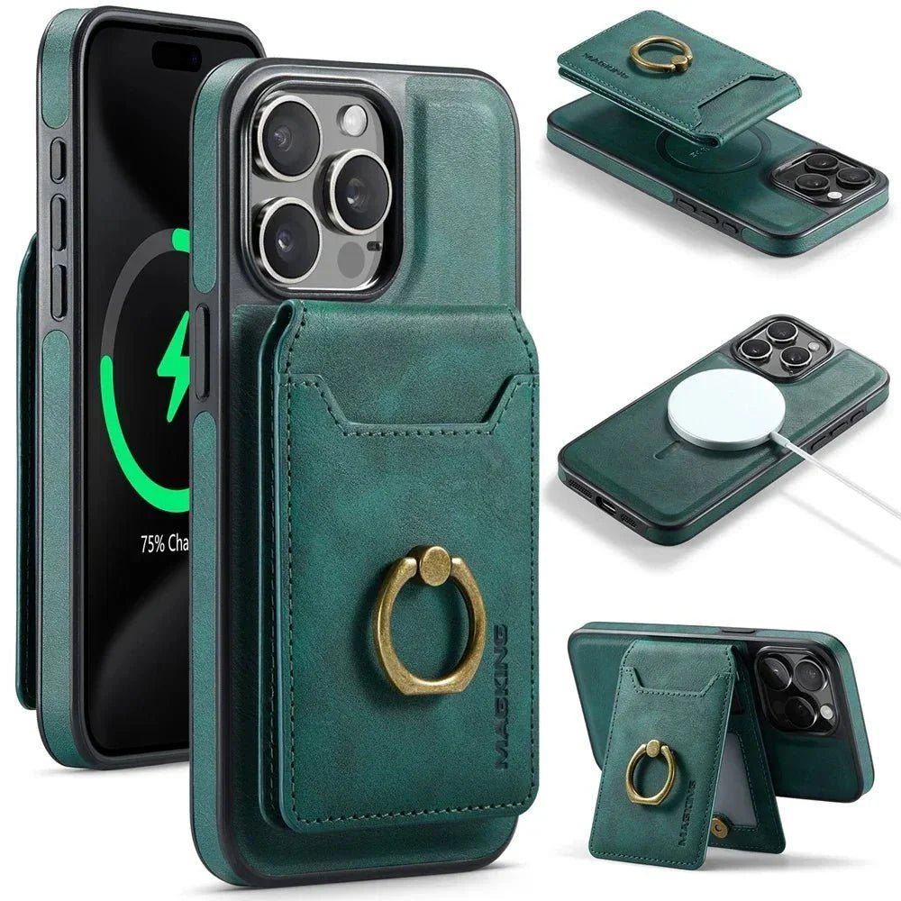 iPhone 16/ Pro/ Plus/ Pro Max - Lederoptik Schutz Hülle Kartenfach und Ring - Top Hüllen