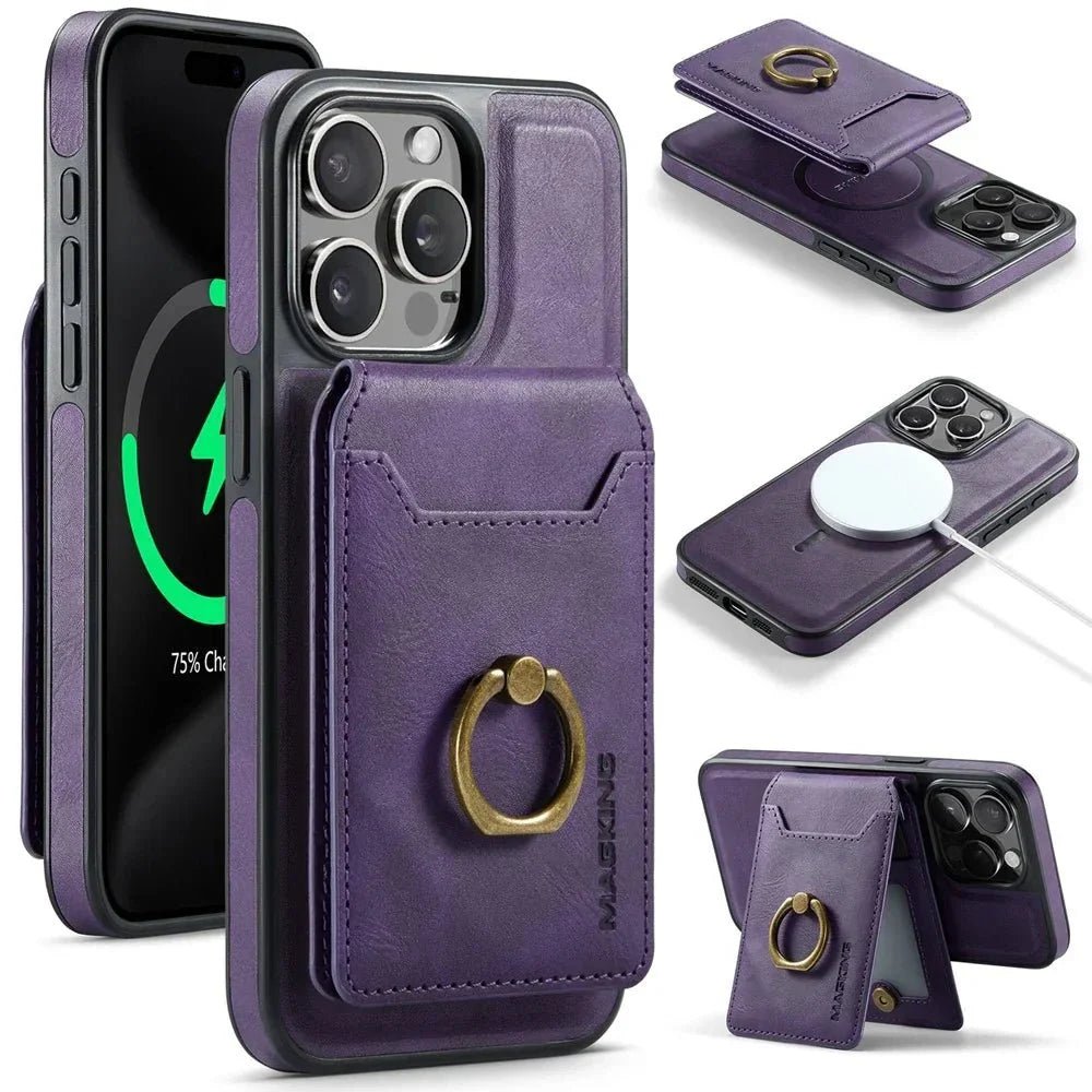 iPhone 16/ Pro/ Plus/ Pro Max - Lederoptik Schutz Hülle Kartenfach und Ring - Top Hüllen