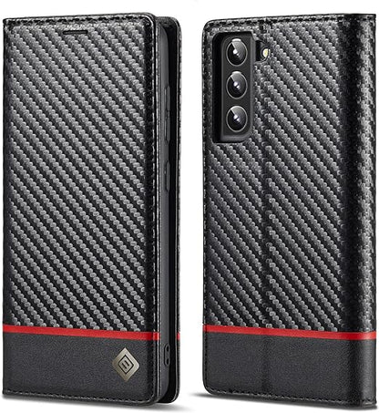 Galaxy S22/ S22 Plus/ S22 Ultra - Kohlefaser Flip Lederoptik Hülle mit Magnetischer Abdeckung und Kartenfach - Top Hüllen