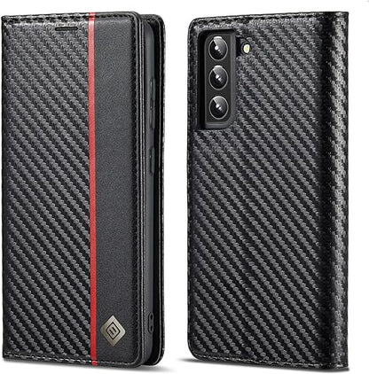 Galaxy S22/ S22 Plus/ S22 Ultra - Kohlefaser Flip Lederoptik Hülle mit Magnetischer Abdeckung und Kartenfach - Top Hüllen