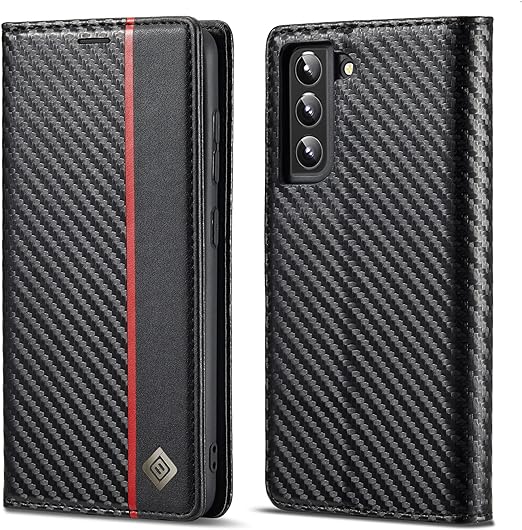 Galaxy S22/ S22 Plus/ S22 Ultra - Kohlefaser Flip Lederoptik Hülle mit Magnetischer Abdeckung und Kartenfach - Top Hüllen