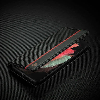 Galaxy S23/ S23 Plus/ S23 Ultra - Kohlefaser Flip Lederoptik Hülle mit Magnetischer Abdeckung und Kartenfach - Top Hüllen