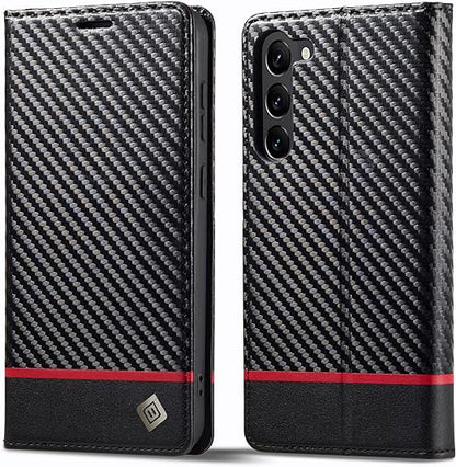Galaxy S23/ S23 Plus/ S23 Ultra - Kohlefaser Flip Lederoptik Hülle mit Magnetischer Abdeckung und Kartenfach - Top Hüllen