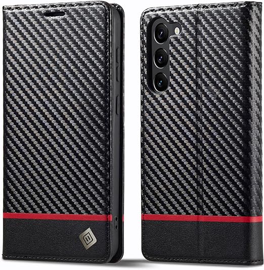 Galaxy S23/ S23 Plus/ S23 Ultra - Kohlefaser Flip Lederoptik Hülle mit Magnetischer Abdeckung und Kartenfach - Top Hüllen