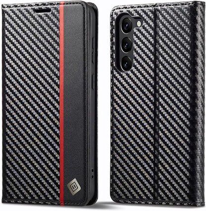 Galaxy S23/ S23 Plus/ S23 Ultra - Kohlefaser Flip Lederoptik Hülle mit Magnetischer Abdeckung und Kartenfach - Top Hüllen