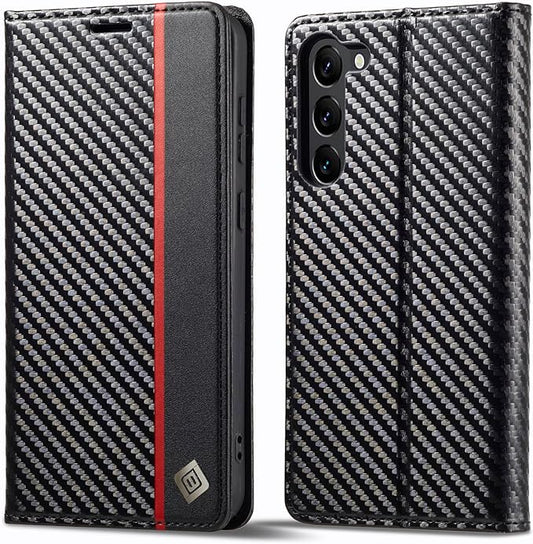 Galaxy S23/ S23 Plus/ S23 Ultra - Kohlefaser Flip Lederoptik Hülle mit Magnetischer Abdeckung und Kartenfach - Top Hüllen