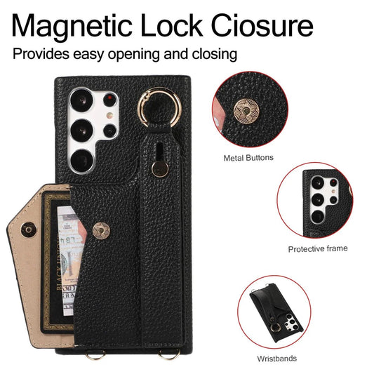 Galaxy S24/ S24 Plus/ S24 Ultra - Elegante Lederoptik Crossbody Schutz Hülle Lanyard Band Kette - Top Hüllen