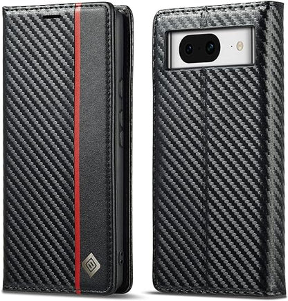 Google Pixel 8/ 8 Pro/ 7/ 7 Pro - Kohlefaser Flip Lederoptik Hülle mit Magnetischer Abdeckung und Kartenfach - Top Hüllen