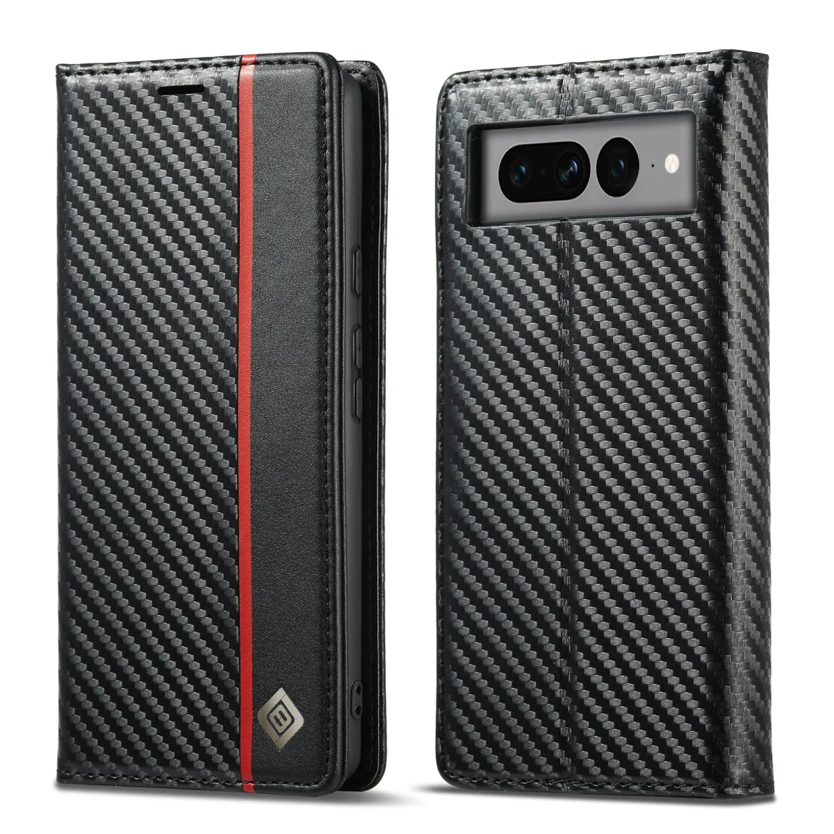 Google Pixel 8/ 8 Pro/ 7/ 7 Pro - Kohlefaser Flip Lederoptik Hülle mit Magnetischer Abdeckung und Kartenfach - Top Hüllen