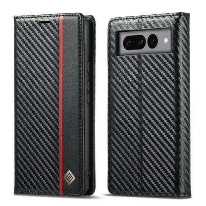 Google Pixel 8/ 8 Pro/ 7/ 7 Pro - Kohlefaser Flip Lederoptik Hülle mit Magnetischer Abdeckung und Kartenfach - Top Hüllen