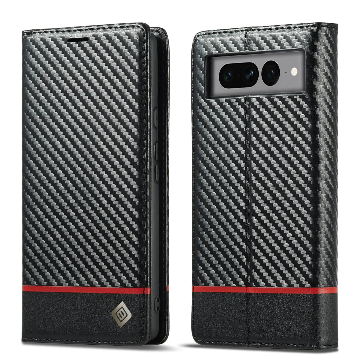 Google Pixel 8/ 8 Pro/ 7/ 7 Pro - Kohlefaser Flip Lederoptik Hülle mit Magnetischer Abdeckung und Kartenfach - Top Hüllen