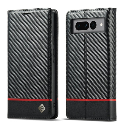 Google Pixel 8/ 8 Pro/ 7/ 7 Pro - Kohlefaser Flip Lederoptik Hülle mit Magnetischer Abdeckung und Kartenfach - Top Hüllen