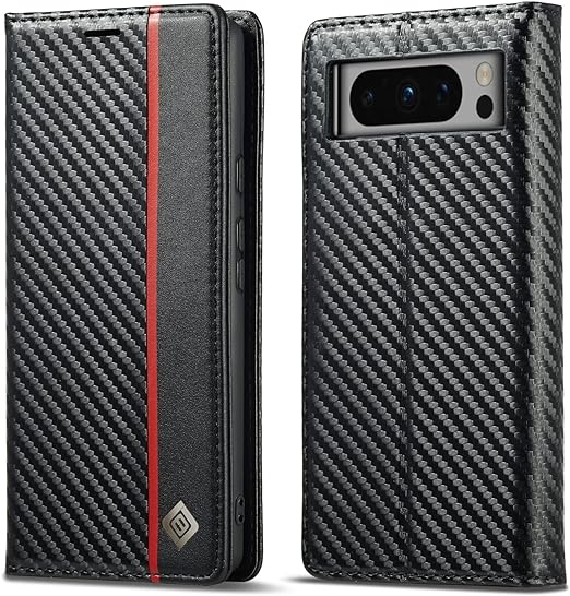 Google Pixel 8/ 8 Pro/ 7/ 7 Pro - Kohlefaser Flip Lederoptik Hülle mit Magnetischer Abdeckung und Kartenfach - Top Hüllen