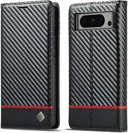 Google Pixel 8/ 8 Pro/ 7/ 7 Pro - Kohlefaser Flip Lederoptik Hülle mit Magnetischer Abdeckung und Kartenfach - Top Hüllen