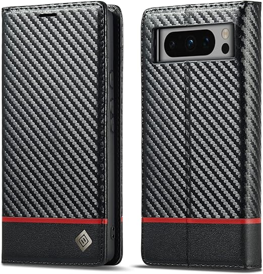 Google Pixel 8/ 8 Pro/ 7/ 7 Pro - Kohlefaser Flip Lederoptik Hülle mit Magnetischer Abdeckung und Kartenfach - Top Hüllen