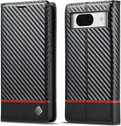 Google Pixel 8/ 8 Pro/ 7/ 7 Pro - Kohlefaser Flip Lederoptik Hülle mit Magnetischer Abdeckung und Kartenfach - Top Hüllen