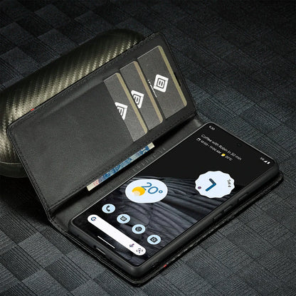 Google Pixel 8/ 8 Pro/ 7/ 7 Pro - Kohlefaser Flip Lederoptik Hülle mit Magnetischer Abdeckung und Kartenfach - Top Hüllen