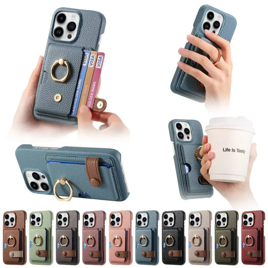 iPhone 13/ Mini/ Pro/ Pro Max - Lederoptik Schutz Hülle Kartenfach und Ring - Top Hüllen