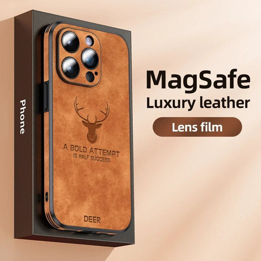 iPhone 13/ Pro/ Pro Max - Hirsch Lederoptik Handy Hülle mit Linsen Schutz Stoßfeste Silikon - Top Hüllen