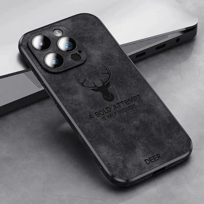 iPhone 14/ Pro/ Plus/ Pro Max - Hirsch Lederoptik Handy Hülle mit Linsen Schutz Stoßfeste Silikon - Top Hüllen