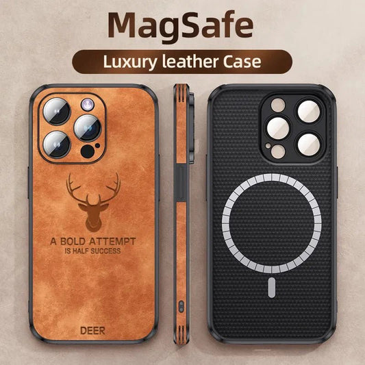 iPhone 14/ Pro/ Plus/ Pro Max - Hirsch Lederoptik Handy Hülle mit Linsen Schutz Stoßfeste Silikon - Top Hüllen