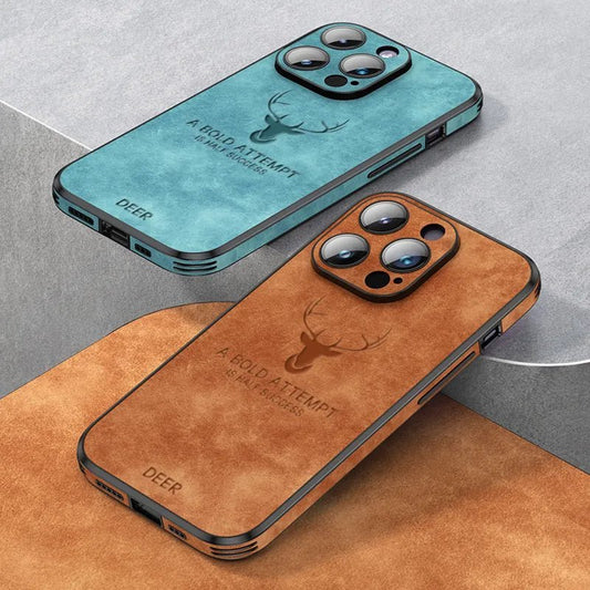 iPhone 14/ Pro/ Plus/ Pro Max - Hirsch Lederoptik Handy Hülle mit Linsen Schutz Stoßfeste Silikon - Top Hüllen