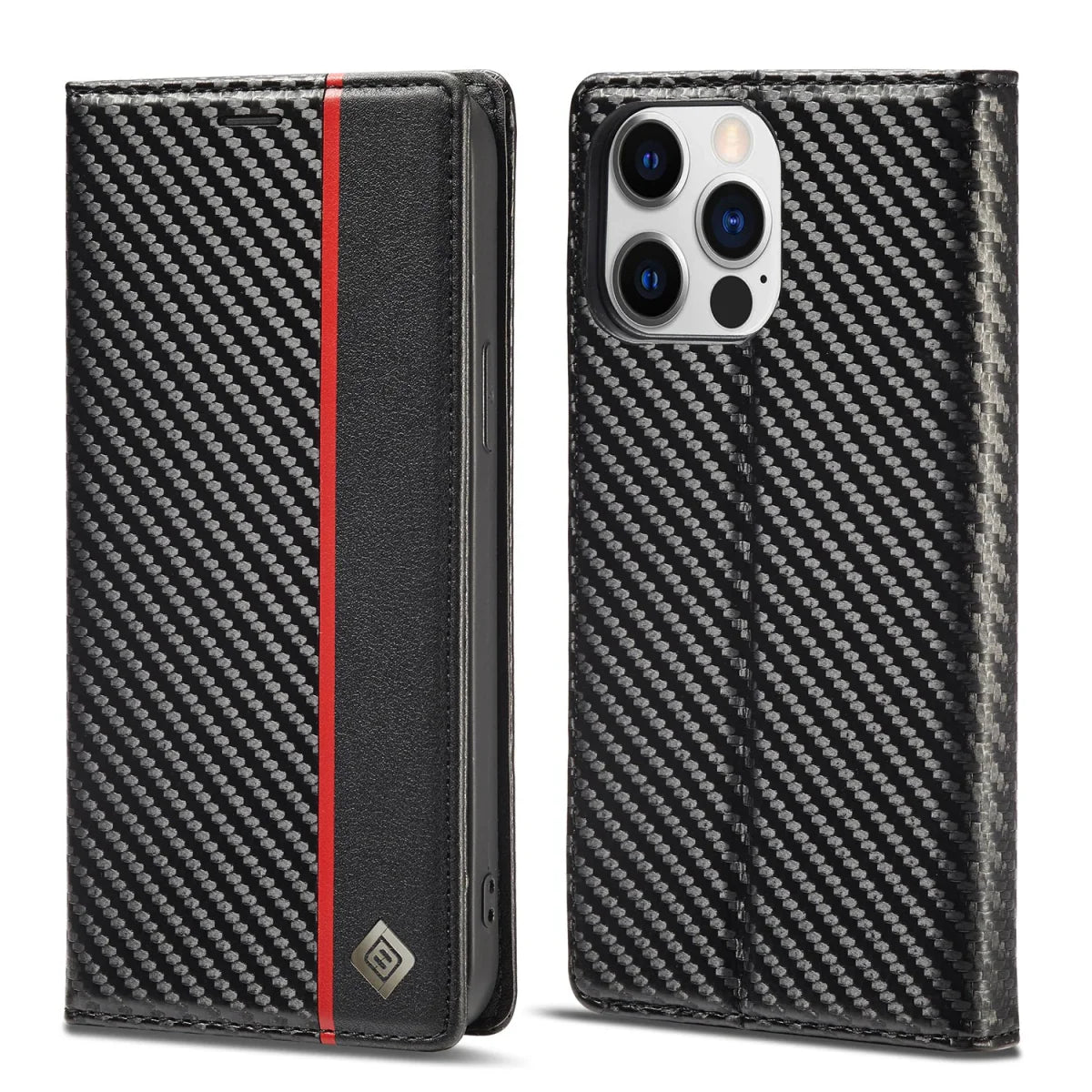 iPhone 14/ Pro/ Plus/ Pro Max - Kohlefaser Flip Lederoptik Hülle mit Magnetischer Abdeckung und Kartenfach - Top Hüllen