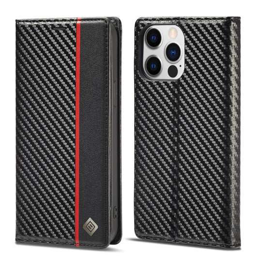 iPhone 14/ Pro/ Plus/ Pro Max - Kohlefaser Flip Lederoptik Hülle mit Magnetischer Abdeckung und Kartenfach - Top Hüllen