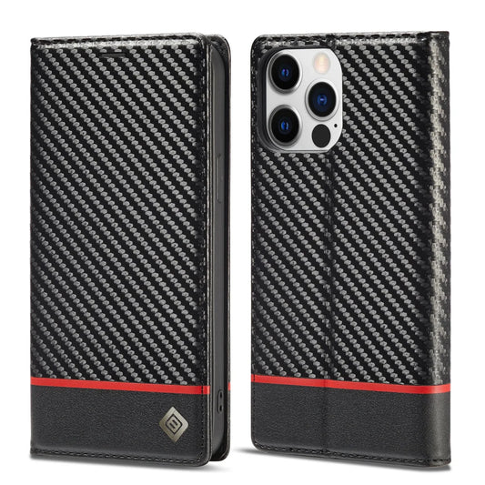 iPhone 14/ Pro/ Plus/ Pro Max - Kohlefaser Flip Lederoptik Hülle mit Magnetischer Abdeckung und Kartenfach - Top Hüllen