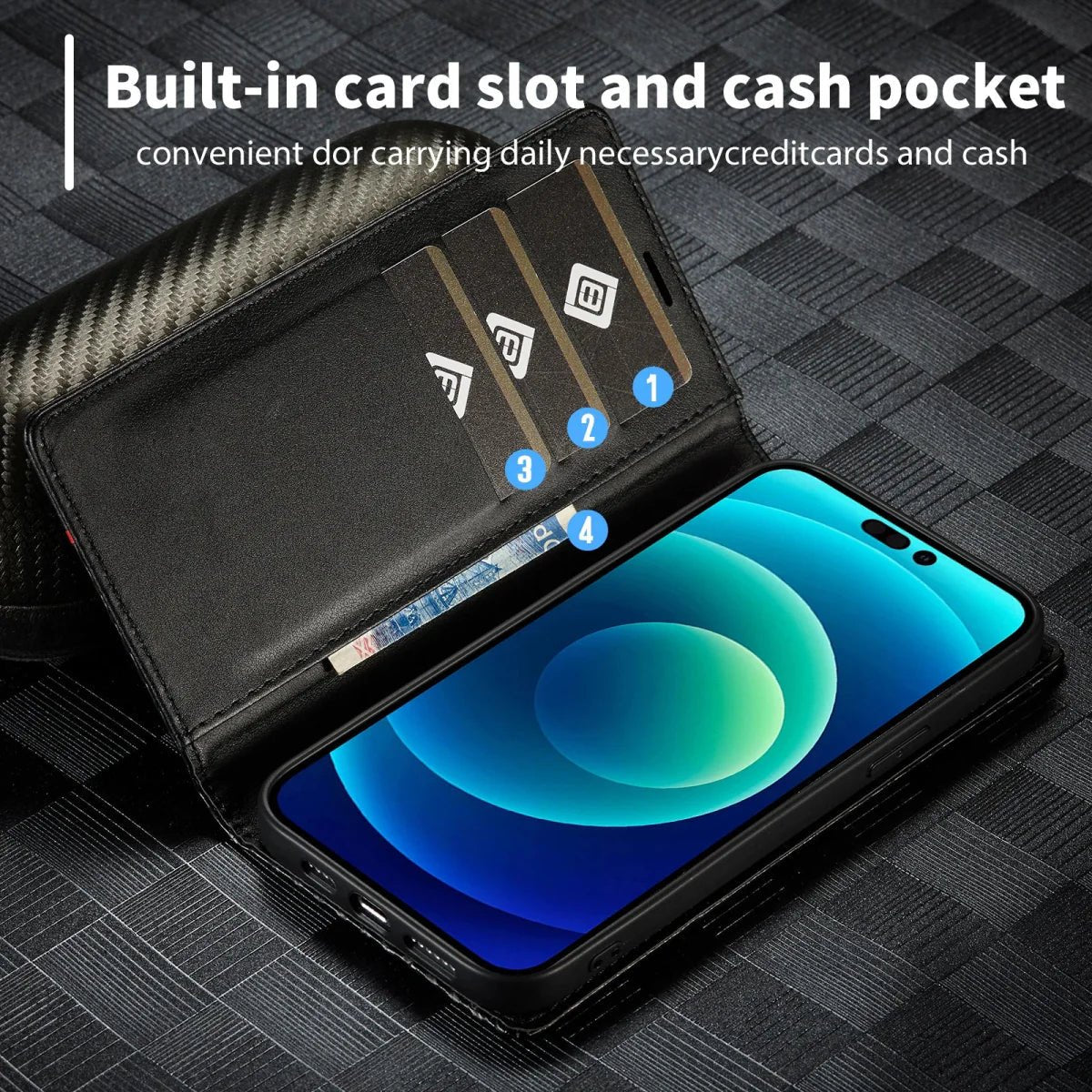 iPhone 14/ Pro/ Plus/ Pro Max - Kohlefaser Flip Lederoptik Hülle mit Magnetischer Abdeckung und Kartenfach - Top Hüllen
