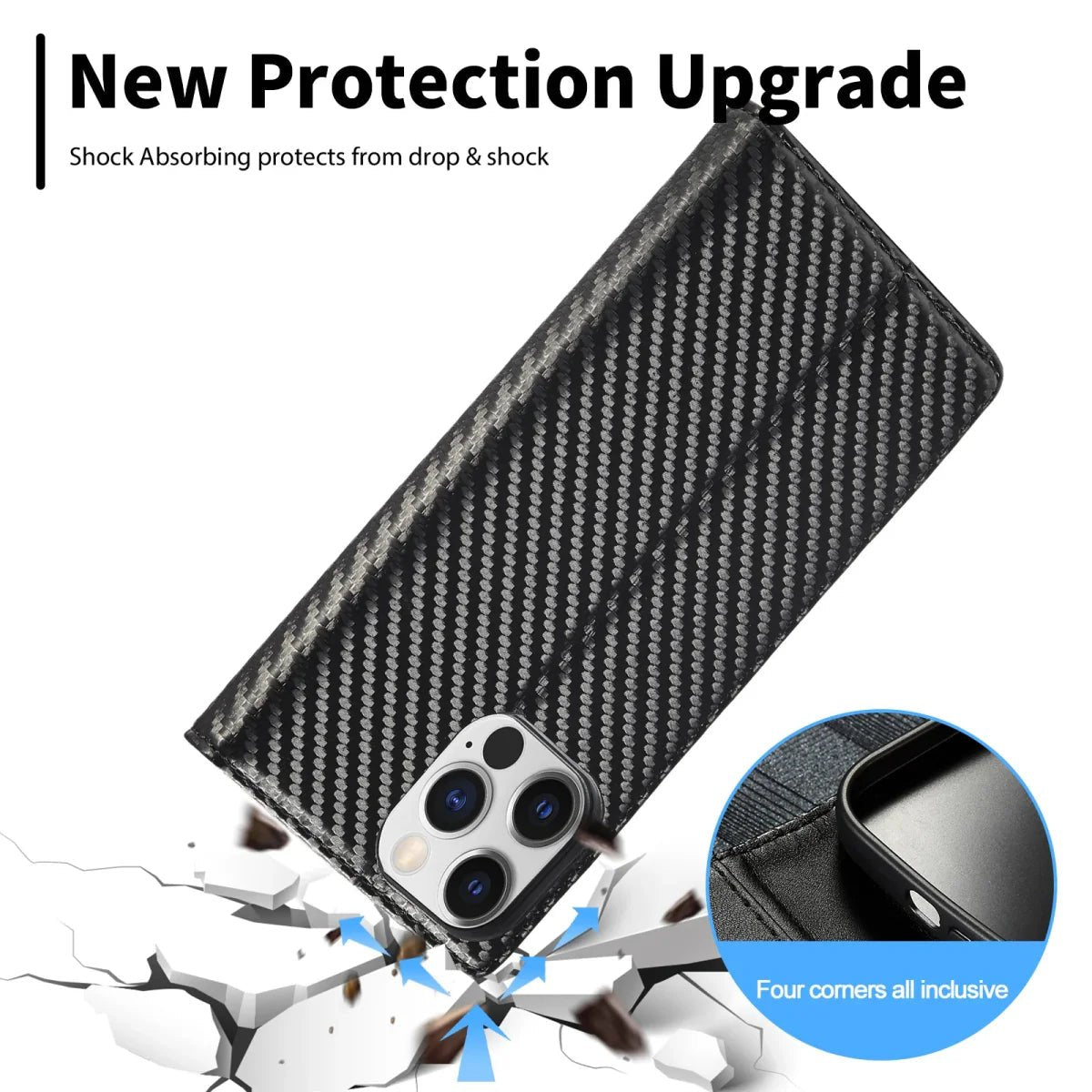 iPhone 14/ Pro/ Plus/ Pro Max - Kohlefaser Flip Lederoptik Hülle mit Magnetischer Abdeckung und Kartenfach - Top Hüllen